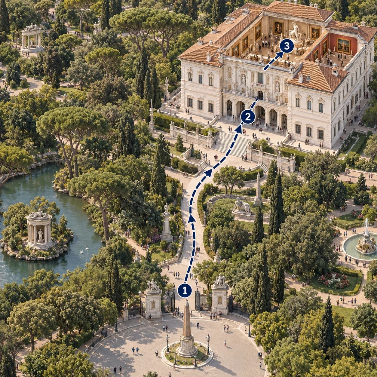 Route map: Meet and check in, Borghese Gallery Ticket with Optional Audio Guide, Complete the experience