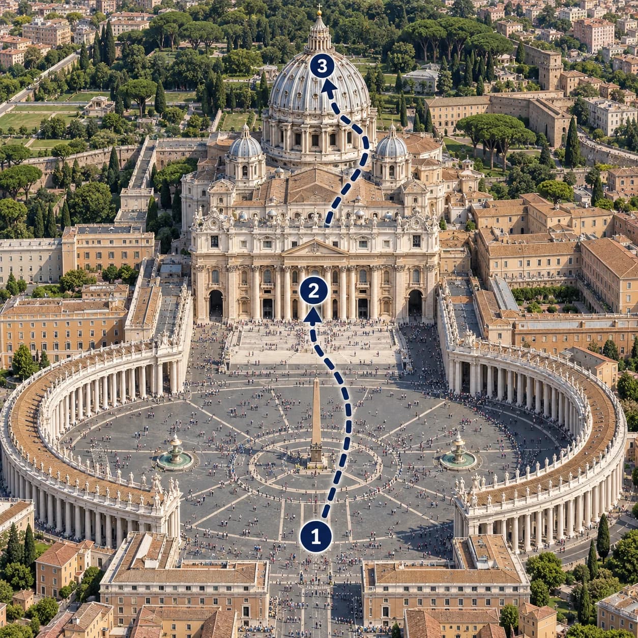 Route map: Meet and check in, St Peter's Basilica Tour with Optional Dome Climb, Complete the experience