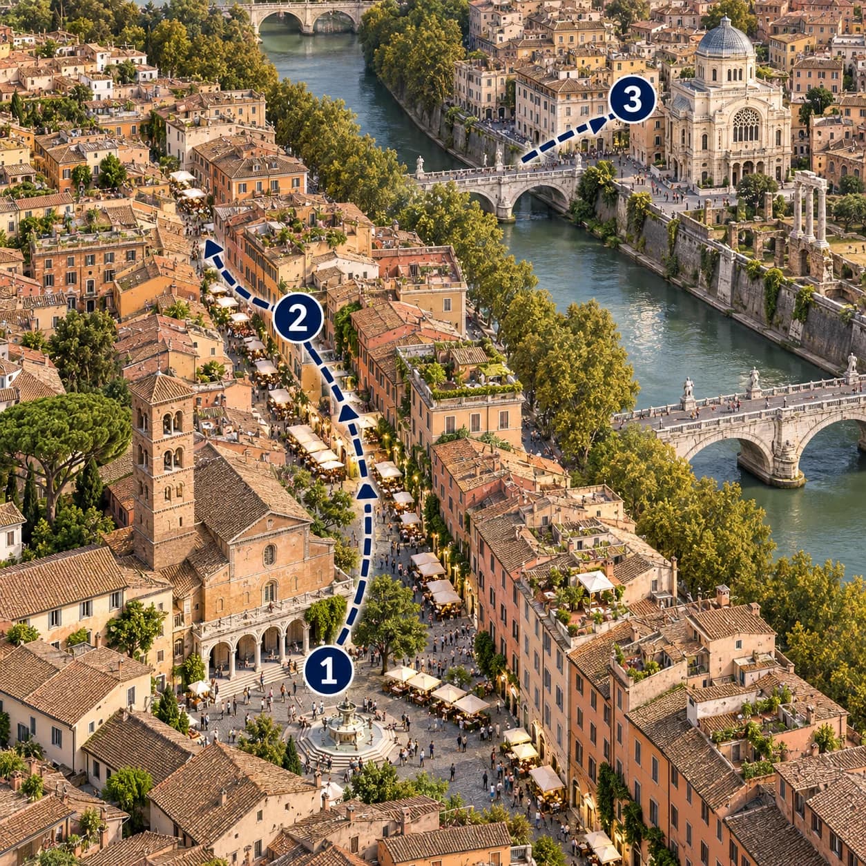 Route map: Meet and check in, Trastevere and Jewish Ghetto, Complete the experience