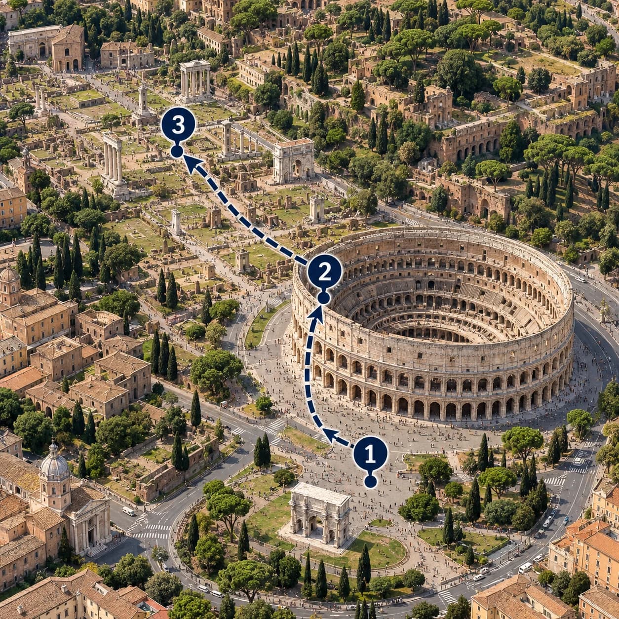 Route map: Meet and check in, Colosseum, Roman Forum and Palatine Hill Ticket with Audio Guide, Complete the experience