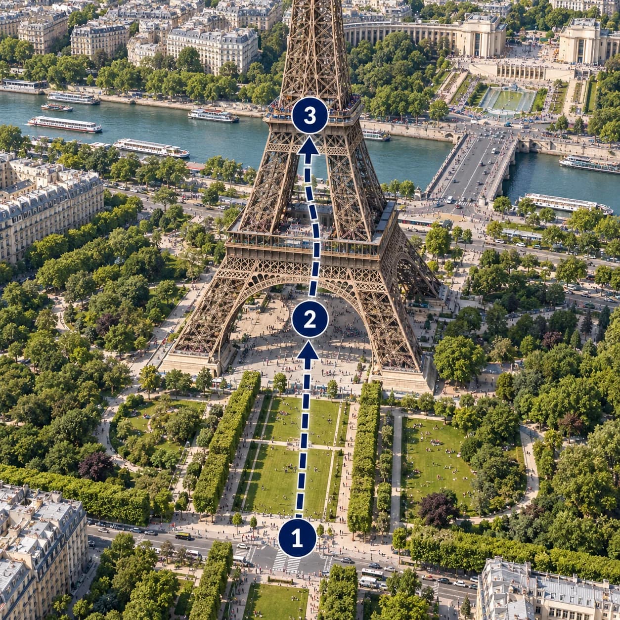 Route map: Meet and check in, Eiffel Tower Guided Experience, Complete the experience