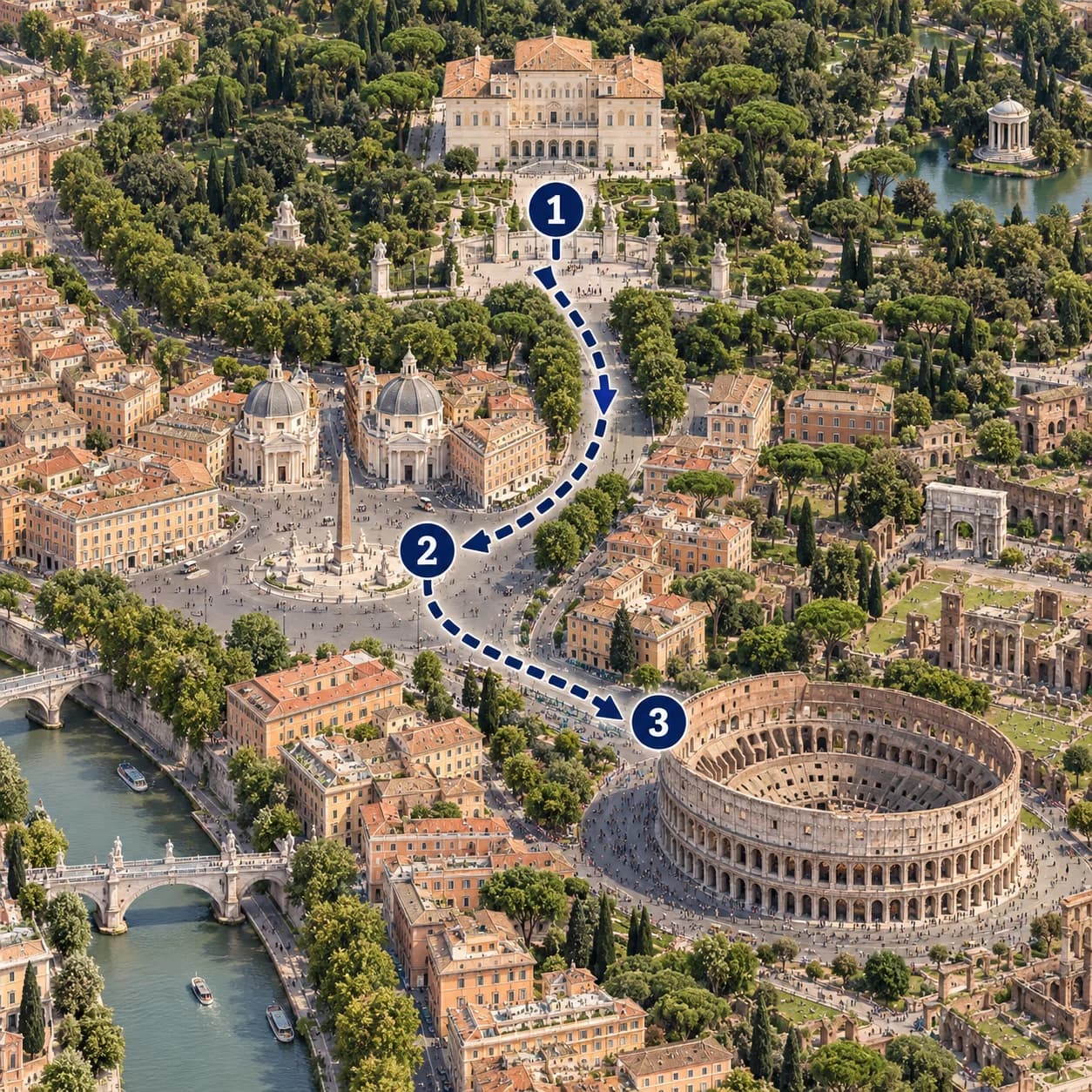 Route map: Meet and check in, Rome Highlights Golf Cart Tour, Complete the experience