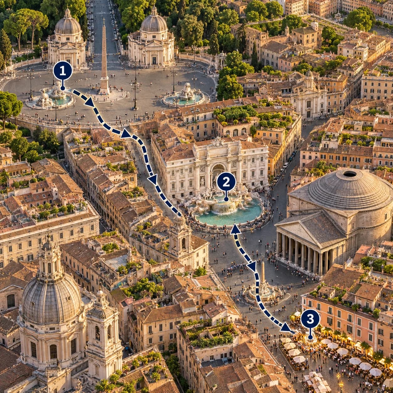 Route map: Meet and check in, Rome Piazzas and Fountains Sunset Tour with Aperitivo, Complete the experience