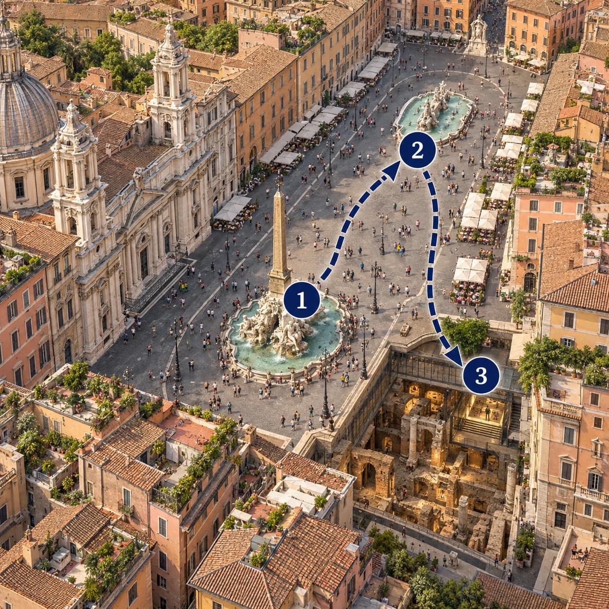 Route map: Meet and check in, Rome Underground and Piazzas Guided Tour, Complete the experience