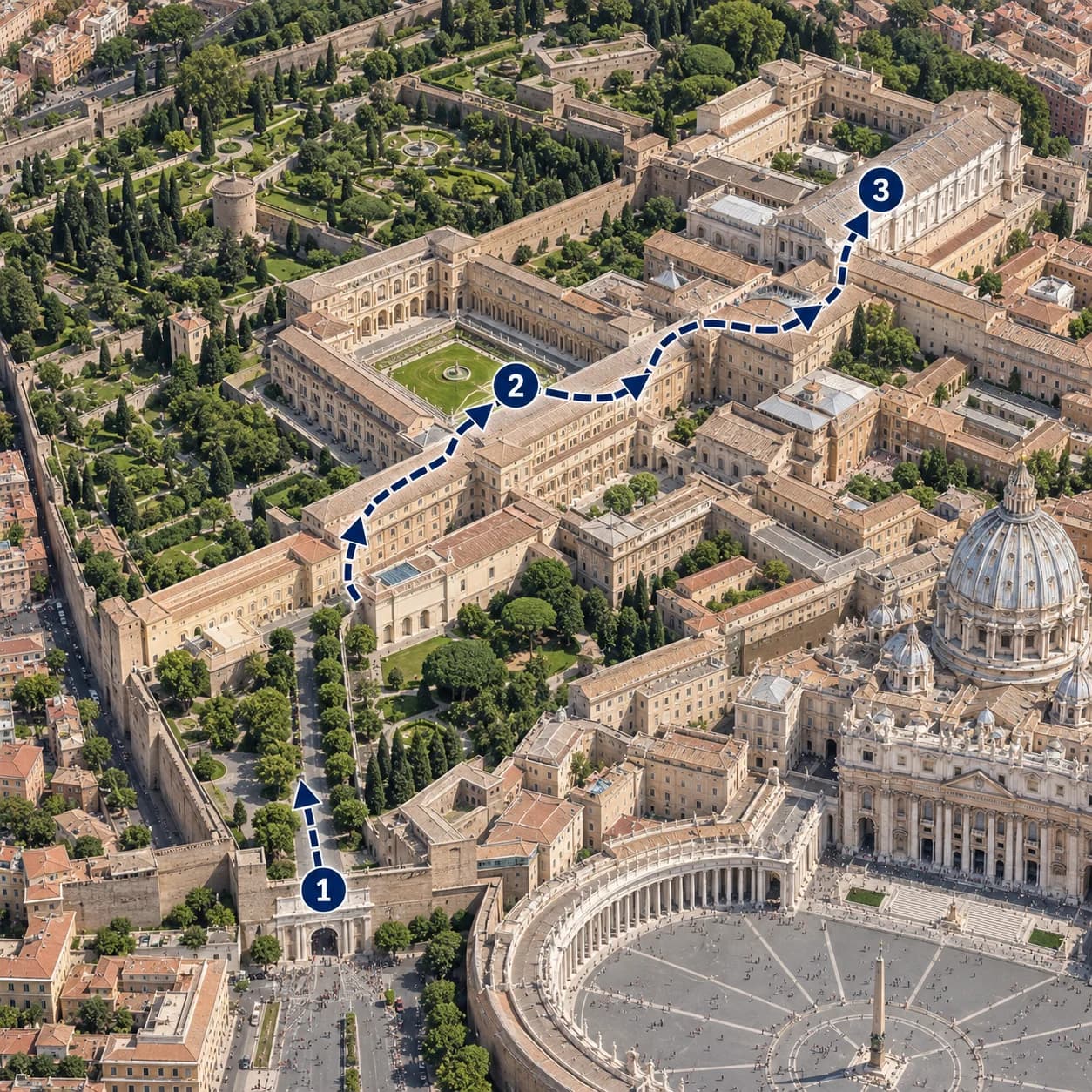 Route map: Vatican Museums entrance, Galleries and Raphael Rooms, Sistine Chapel